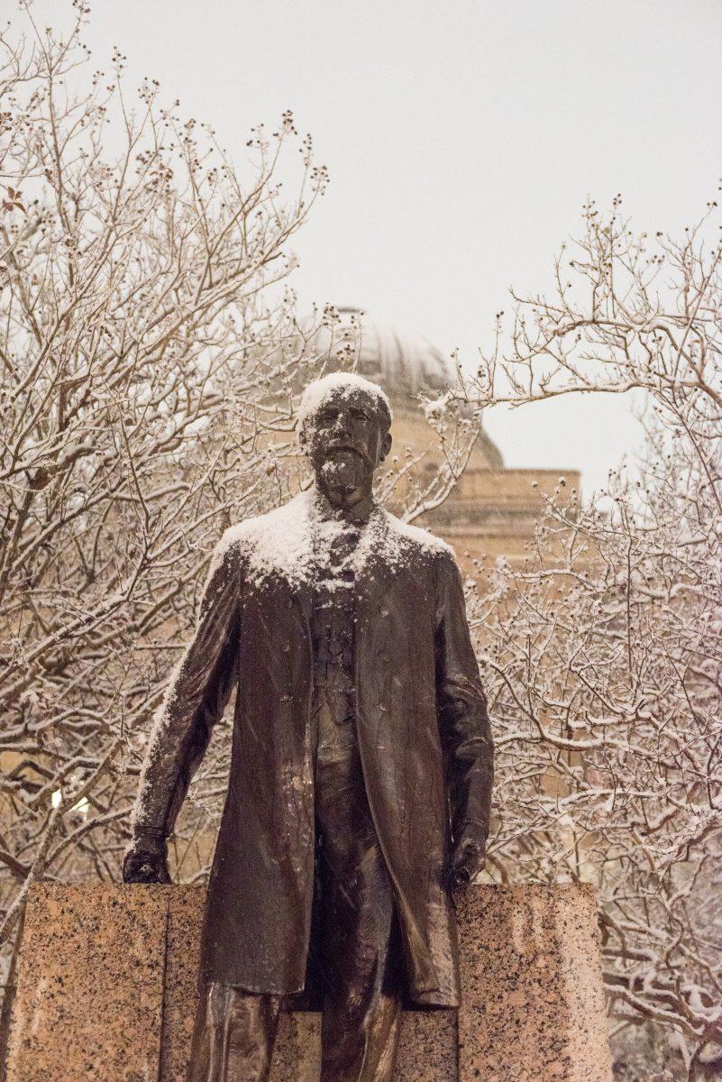 The Sul Ross statue during a rare snowfall on Dec. 7, 2017.