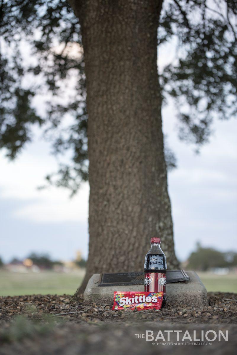 The cadets in Squadron 17 often visit the tree dedicated to Jerry Don Self, Class of 2001, to eat Skittles and drink Dr. Pepper together, since those were two of Self&#8217;s favorite treats.