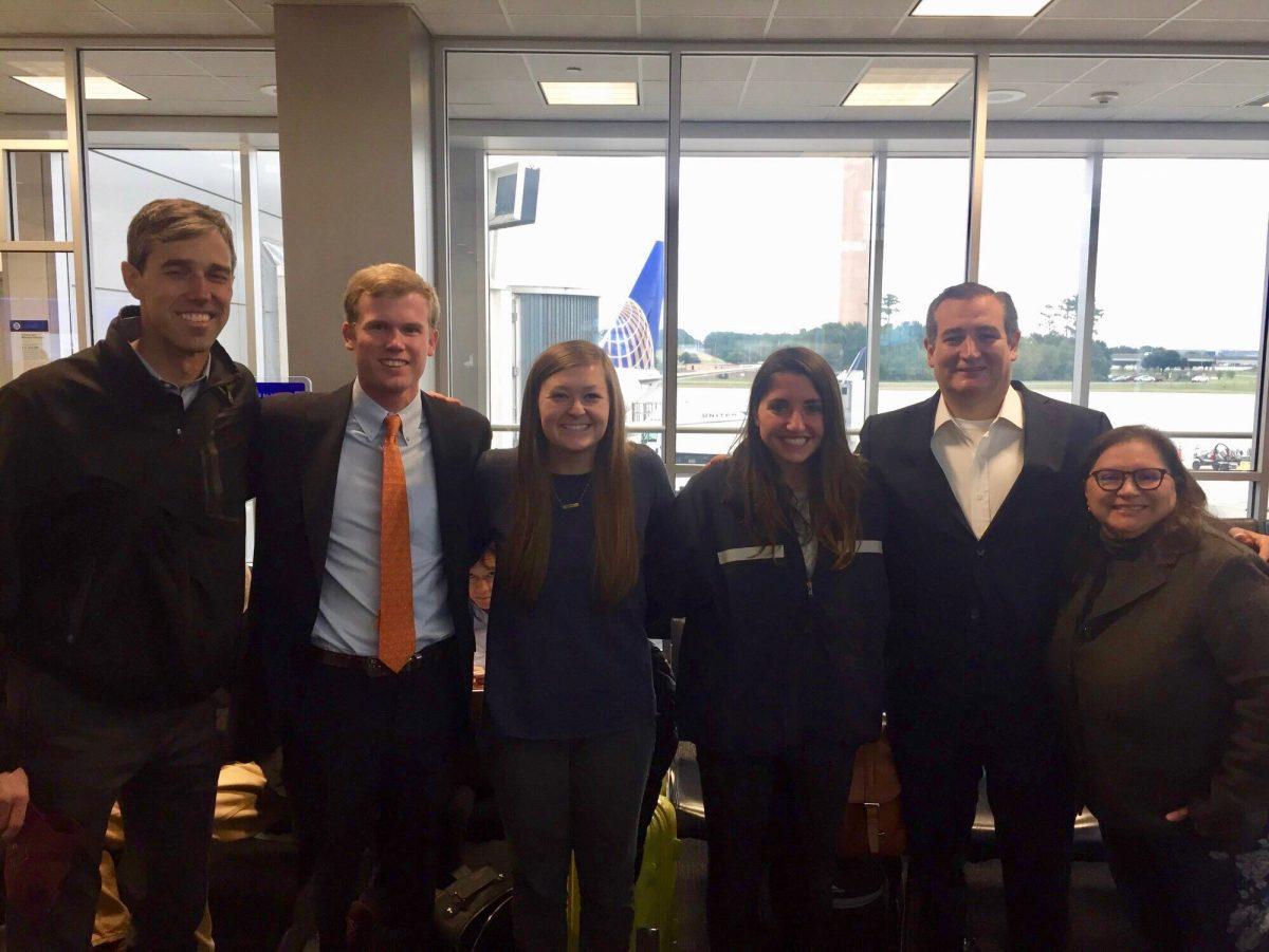 Bush School students Tiffany Easter (third from left) and Keri Weinman (third from right) met Beto O'Rourke and Ted Cruz at the George Bush Intercontinental Airport on Tuesday.