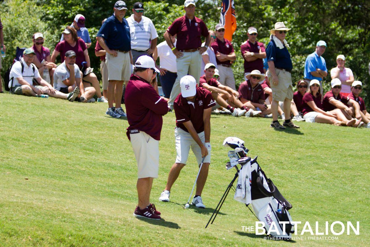 A crowd looks on as junior Chandler Phillips chips the ball onto the 18th green.