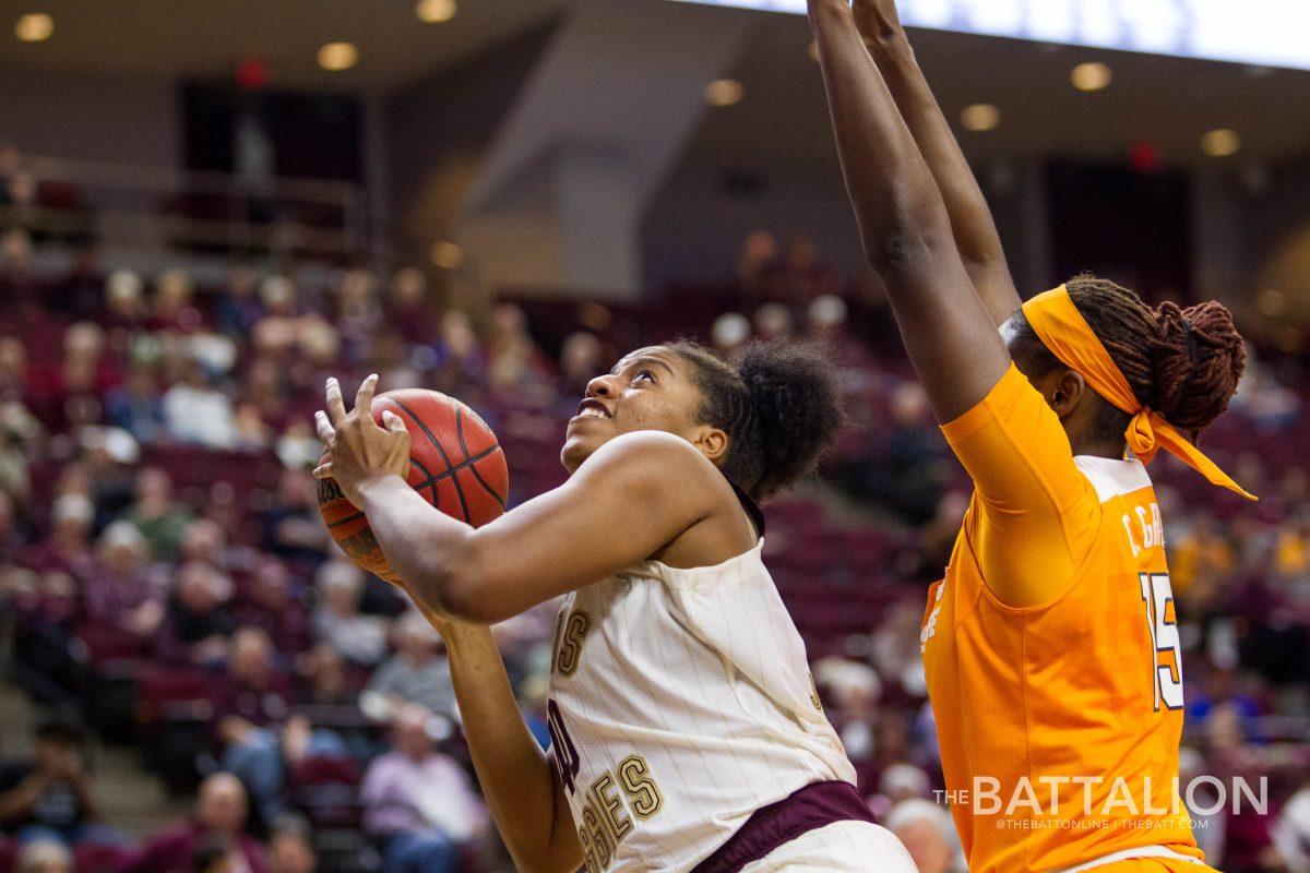 Sophomore+center+Ciera+Johnson+played+21+minutes+for+the+Aggies.