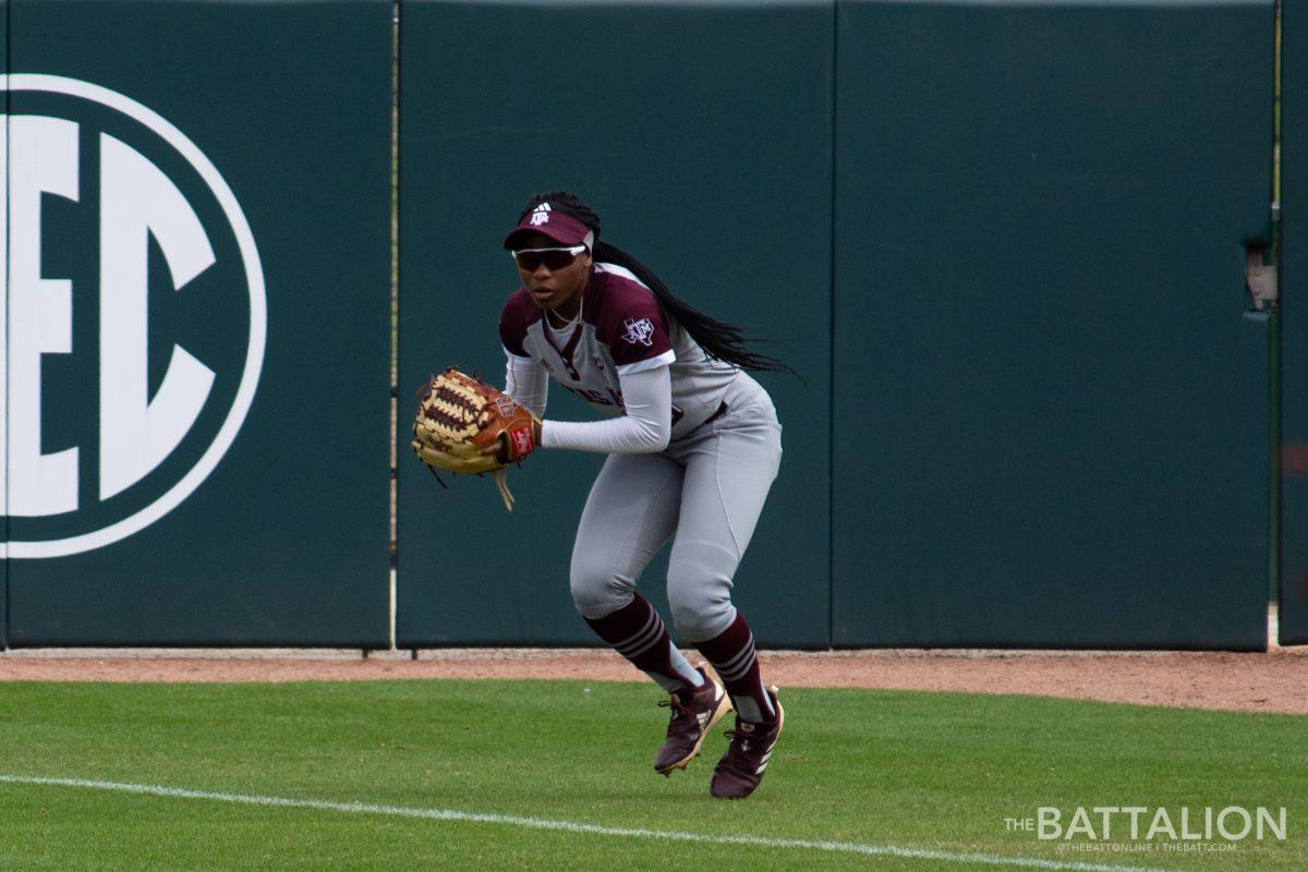 Freshman outfielder Meagan Smith fields the ball back to infield. 