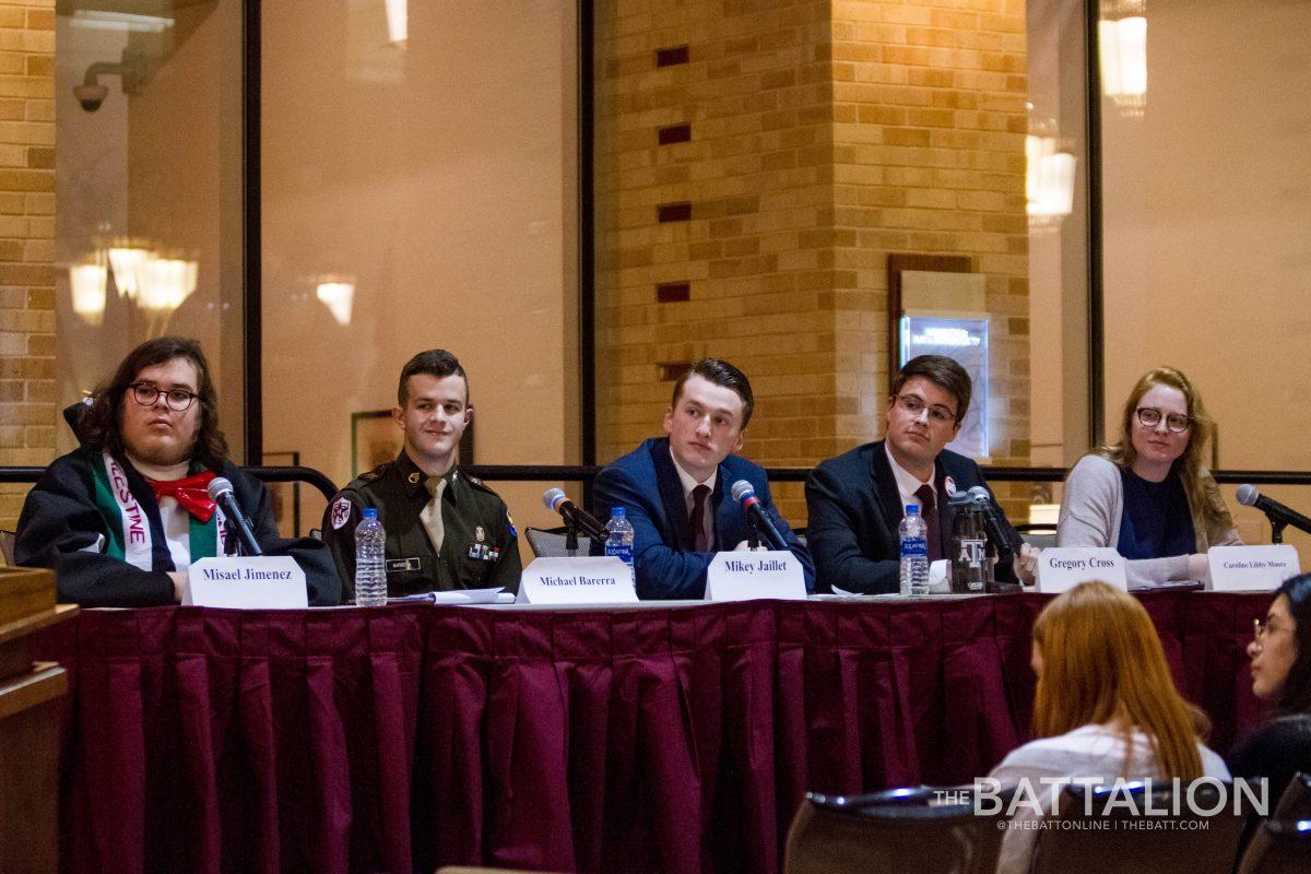 Student body president candidates Misael Jimenez, Michael Barrera, Mikey Jaillet, Gregory Cross and Caroline Moore answered questions on finances, traditions, diversity and more at a debate in the MSC Flag Room Tuesday night.