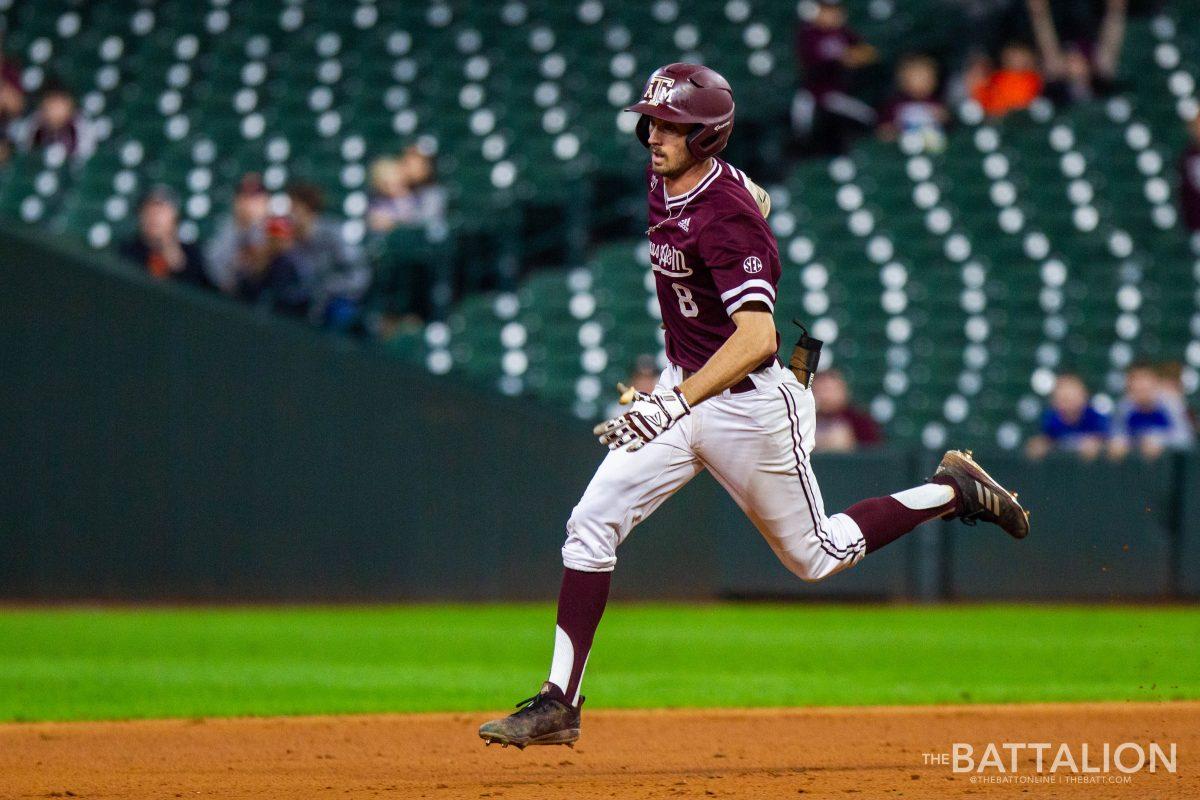 Junior shortstop Braden Shewmake rounds the bases after hitting the second Aggie home run inside Minute Maid Park against the Baylor Bears.