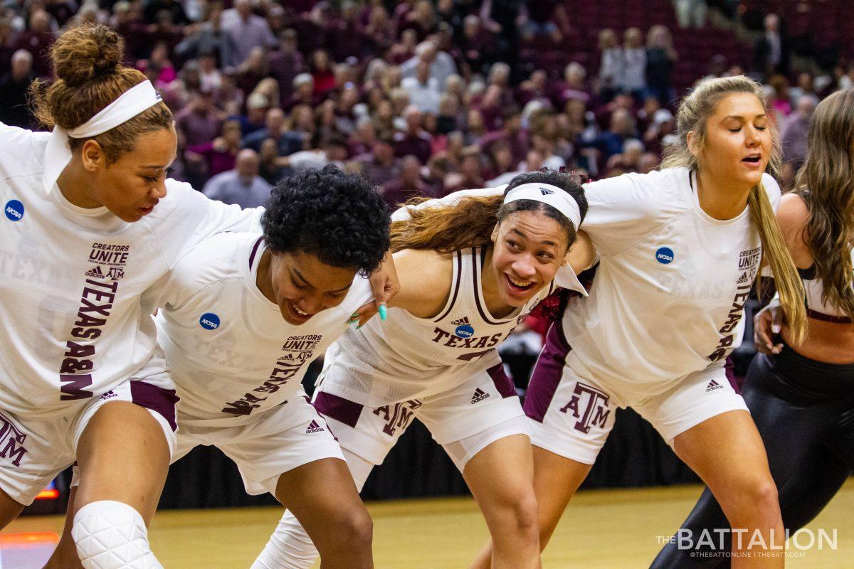 Sophomore guard Chennedy Carter sings the Aggie War Hymn with her teammates after the Aggie victory.