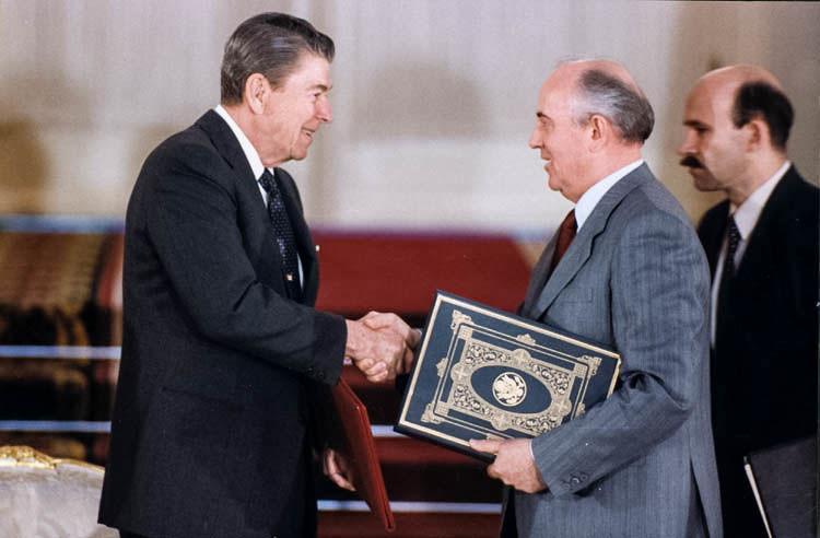 President Ronald Reagan and Soviet General Secretary Mikhail Gorbachev signed the INF Treaty in 1987.