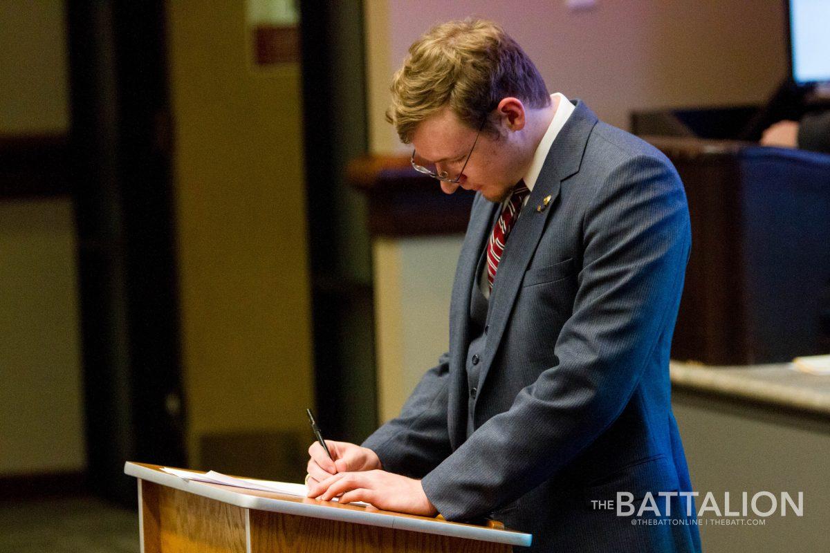 Speaker Pro-Tempore Tate Banks takes a roll call vote for an amendment to Senate Resolution 71-35, a resolution to support a pilot program for free and sustainable menstrual products in select womens, unisex and mens restrooms across campus. The amendment failed and the resolution passed.