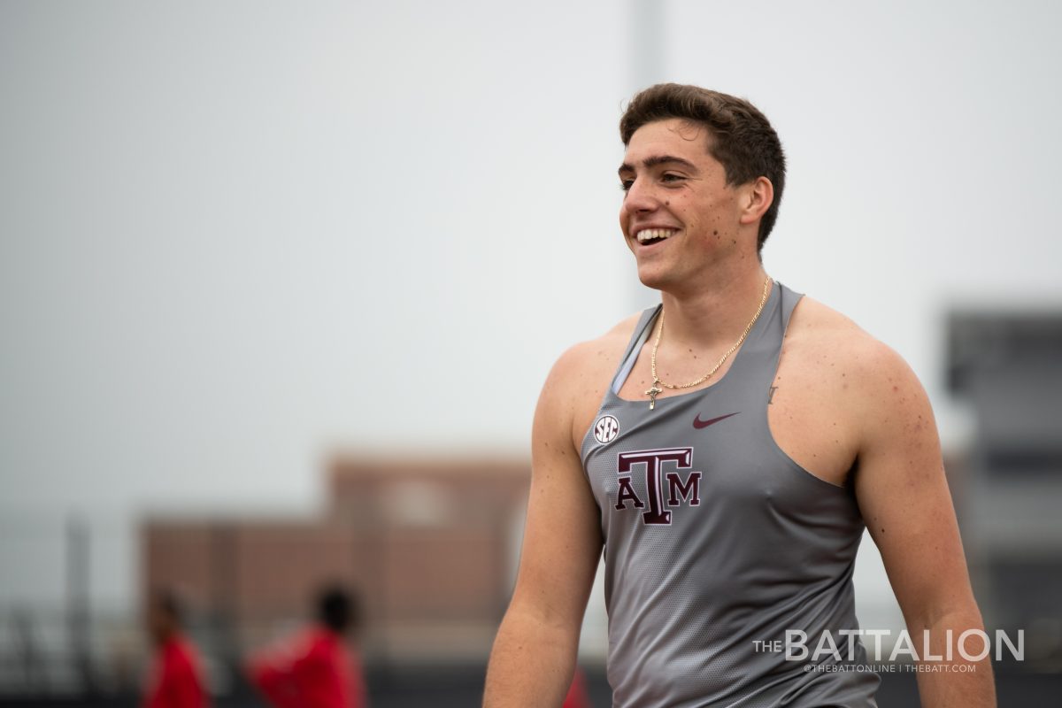 Freshman+Nick+Mirabelli+finished+fourth+in+the+mens+javelin+throw+with+69.42+meters+at+The+Reveille+on+April+6+at+E.B.+Cushing+Stadium.