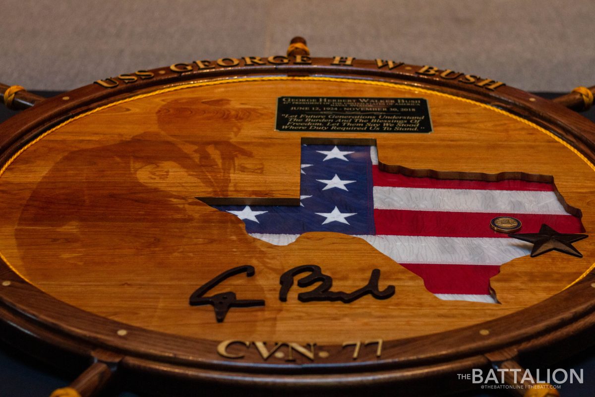 Sailors stationed on the USS George H.W. Bush presented the ships wheel to their sponsor, Dorothy Doro Bush Koch, and the George H.W. Bush Presidential Library.