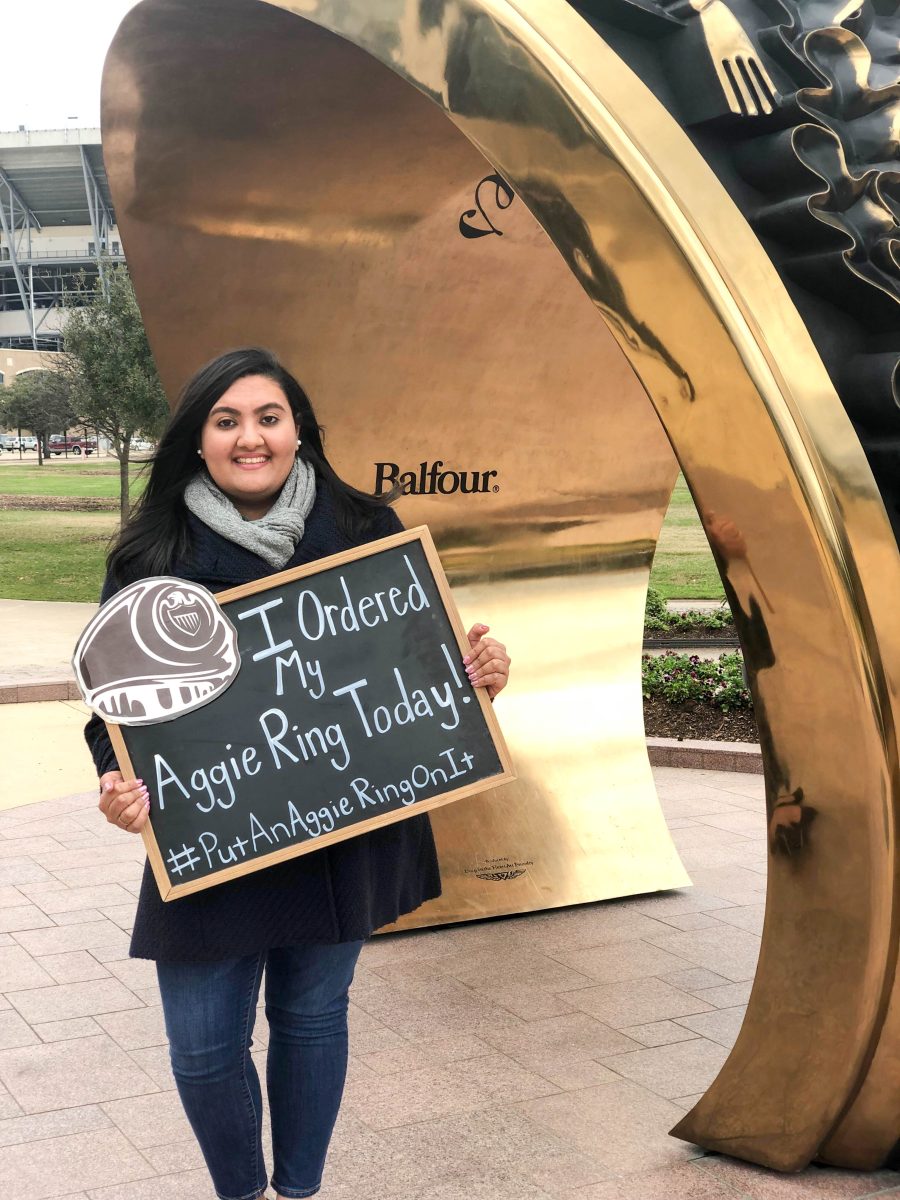 Political science junior Sanna Bhai says her ring represents her Aggie family.