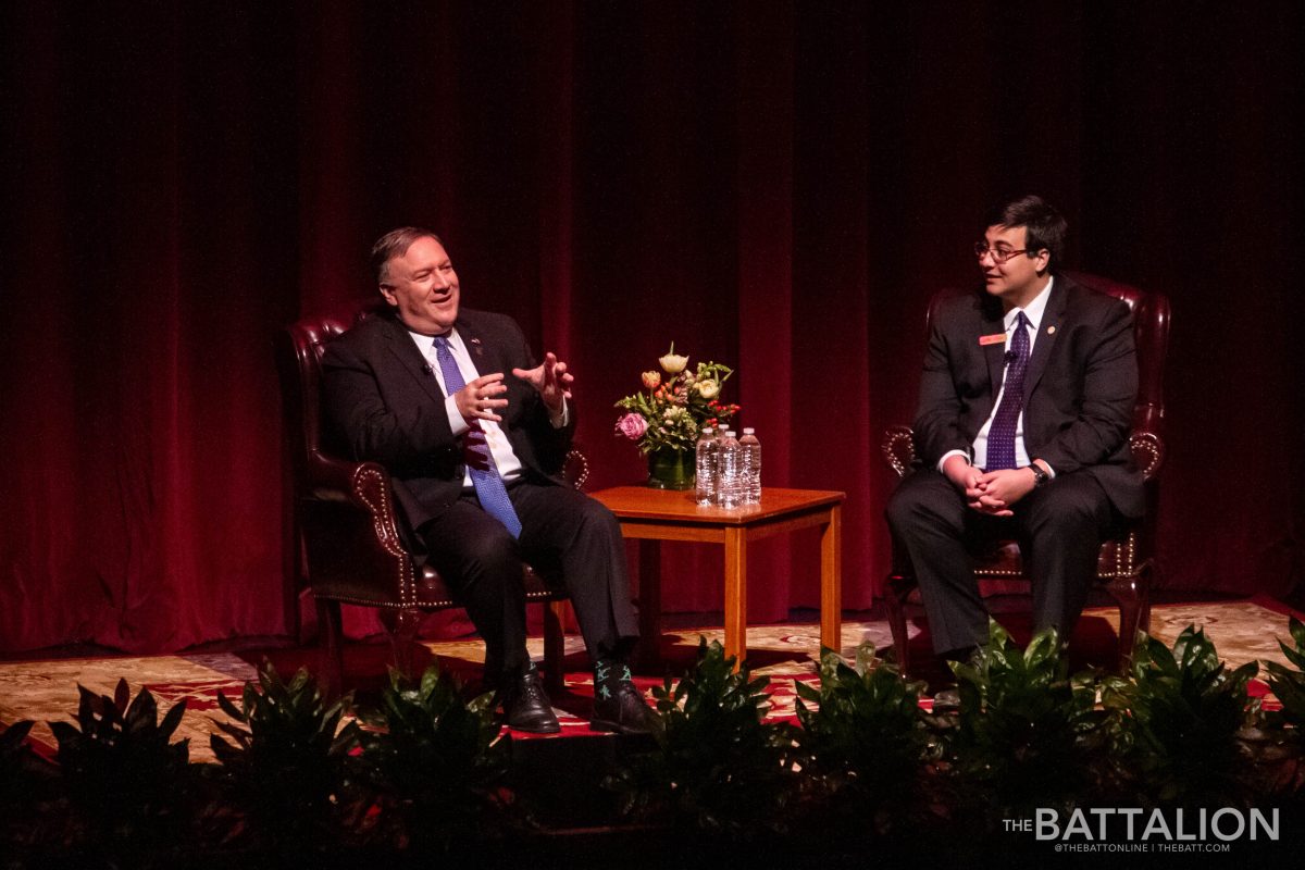 U.S. Secretery of State Mike Pompeo speaks with political science junior and MSC Wiley Lecture Series Chair John Petroff Monday evening at an event in Rudder Auditorium. Pompeo discussed U.S. foreign policy and fielded questions from the audience.