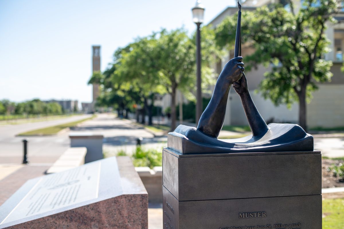 The Muster monument was a gift from the Class of 1995. It is now located in the Spirit Plaza, which is adjacent to Military Walk.