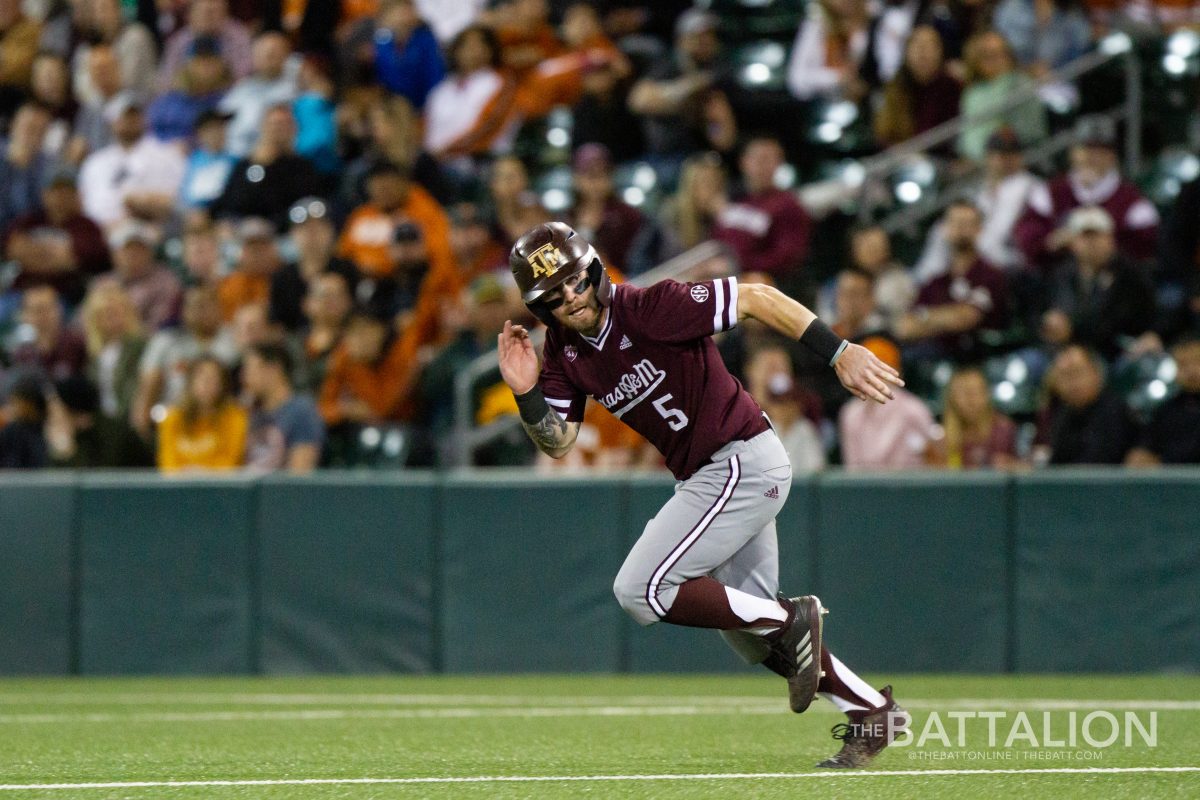 Junior Logan Foster had two hits and one run in his five at-bats during the game against the University of Texas on April 2 at Disch-Falk Field in Austin.