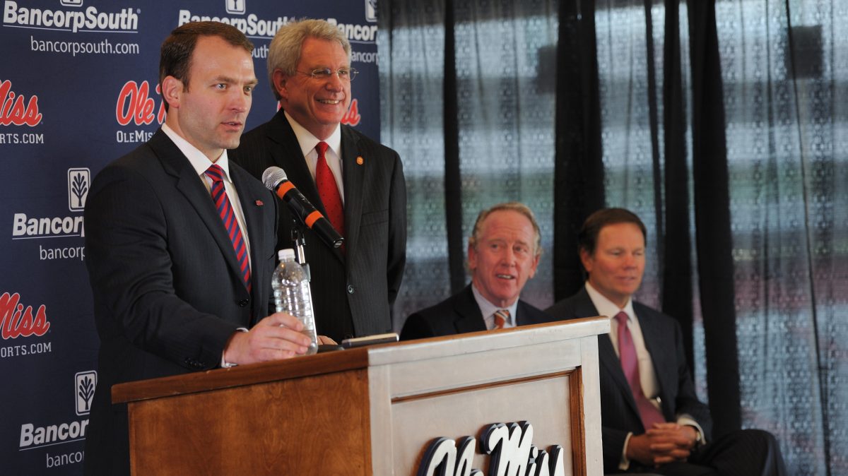 Former Ole Miss athletic director Ross Bjork, Chancellor Dan Jones, Archie Manning, and Mike Glenn when he initially moved to Ole Miss. Texas A&M named  Ross Bjork to fill the athletic director position in College Station.