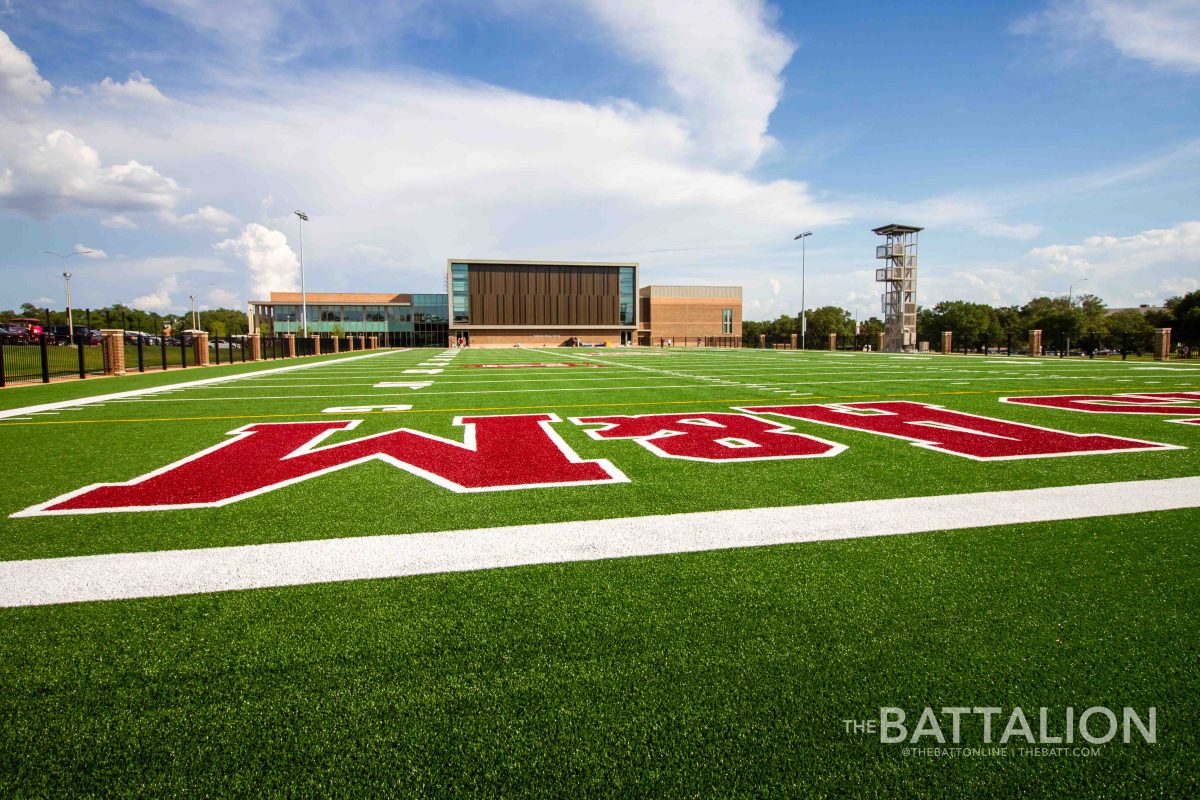 The Dunlap Drill Field is a turf replica of Kyle Field at the Music Activities Center.
