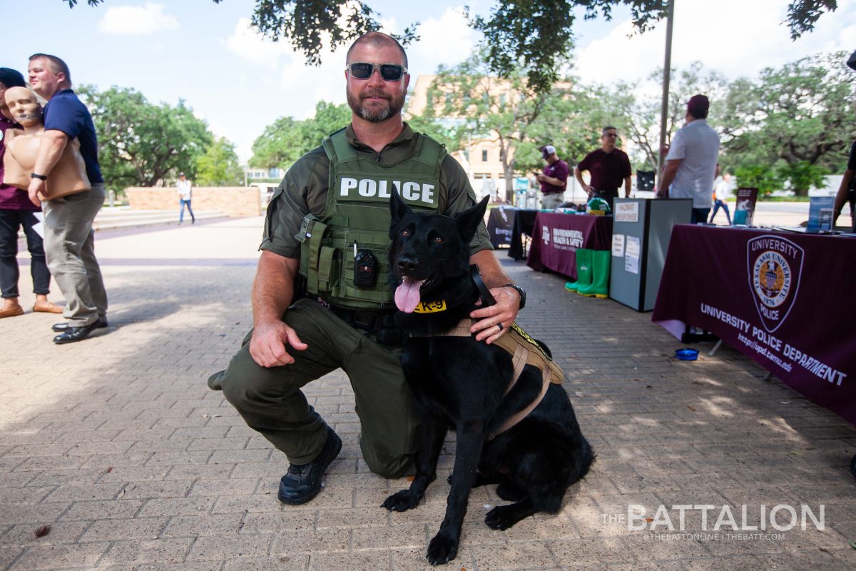 K9 Tyson and handler officer Clay Crenshaw attended a Meet n Greet in Rudder Plaza for National Campus Safety Awareness Month.