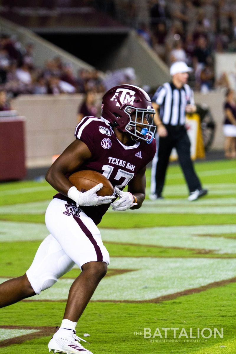 Freshman wide receiver Ainias Smith had a kickoff return for 16 yards in the Aggie win against Lamar.