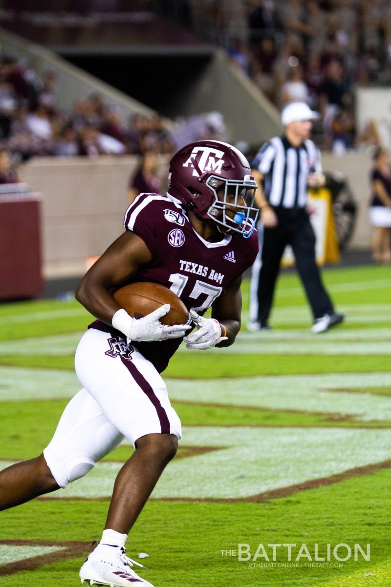 Freshman wide receiver&#160;Ainias Smith had a kickoff return for 16 yards in the Aggie win against Lamar.