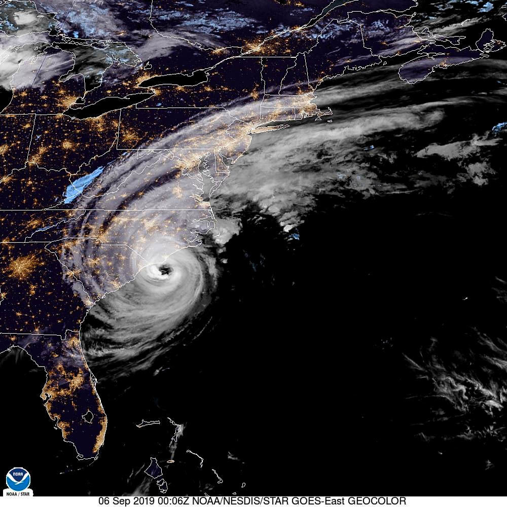 According to NOAA NWS National Hurricane Center satellite imagery as of 7 p.m. CST Sept. 5 the eye of Hurricane Dorian is located off the southern coast of North Carolina. 
