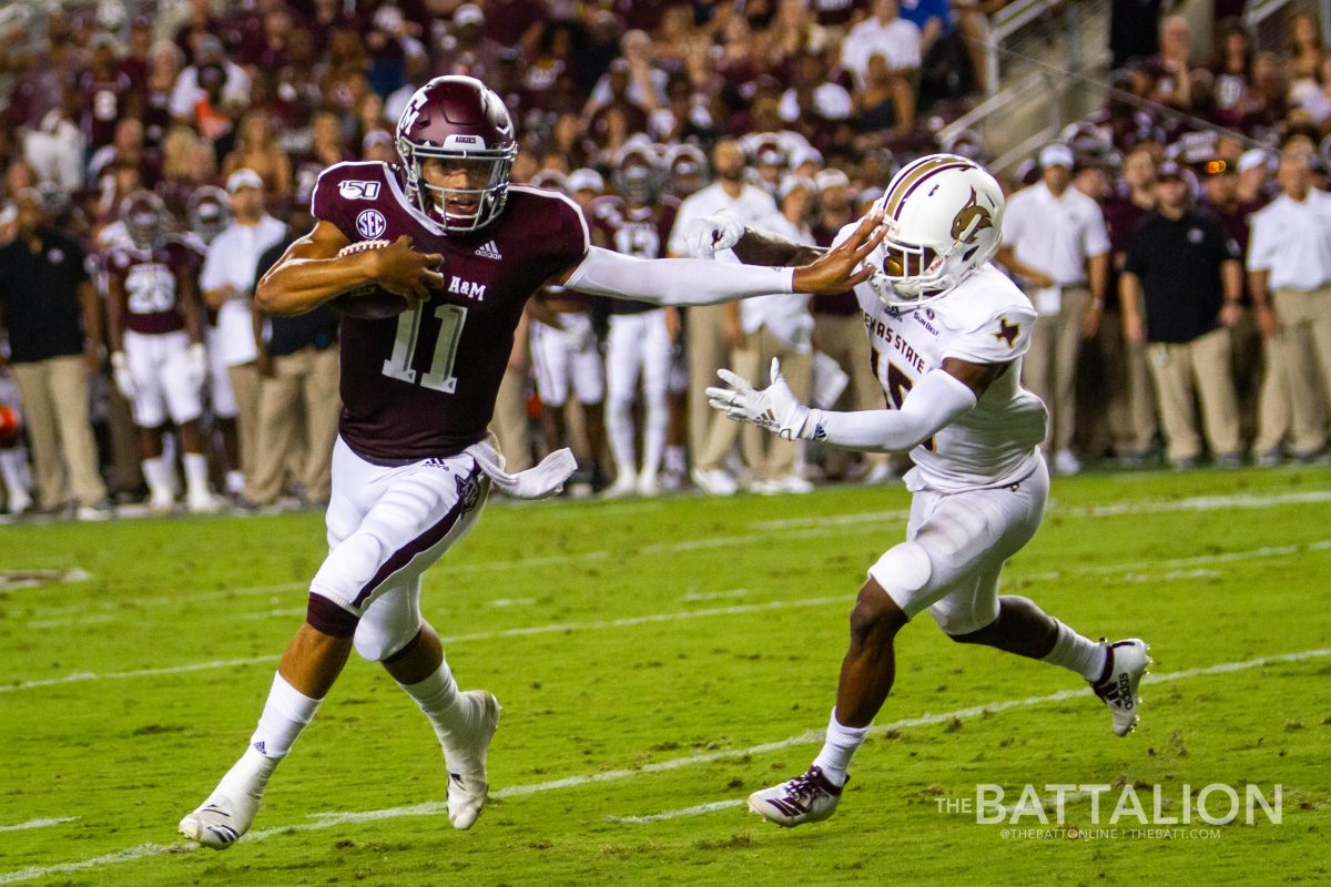 Junior quarterback Kellen Mond completed 194 passing yards and three touchdowns against the Texas State Bobcats during the Aggies’ season opener.