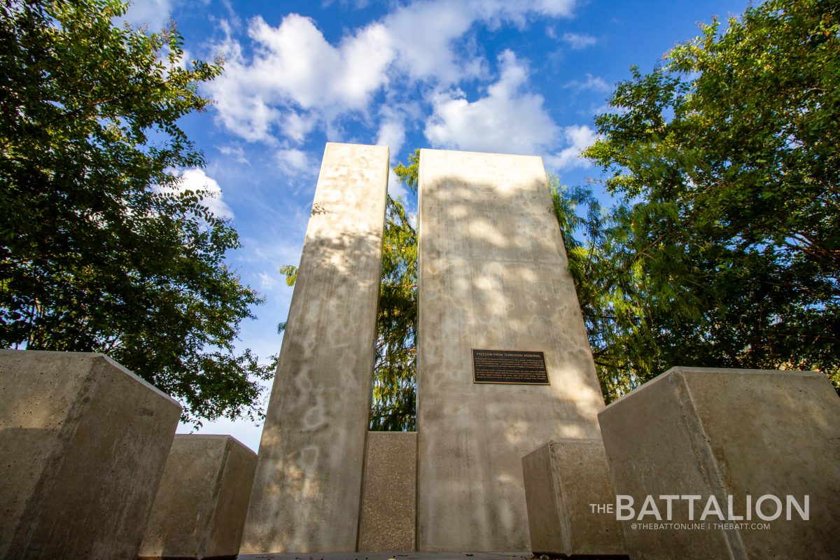 The Freedom from Terrorism Memorial stands at the front of the Quad as a tribute to Aggies that have served and continue to serve the US in the War on Terror.