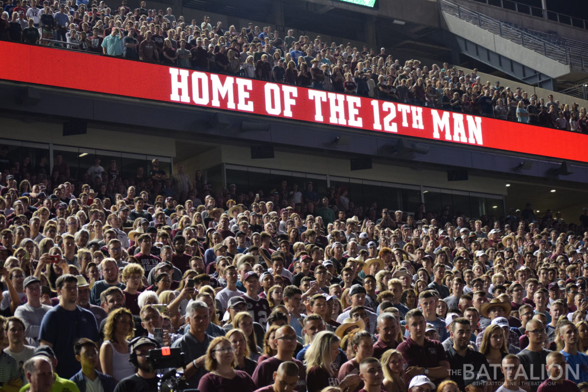 Fans packed the first and second decks of Kyle Field under the 12th Man sign for the Midnight Yell Practice before the Auburn game.