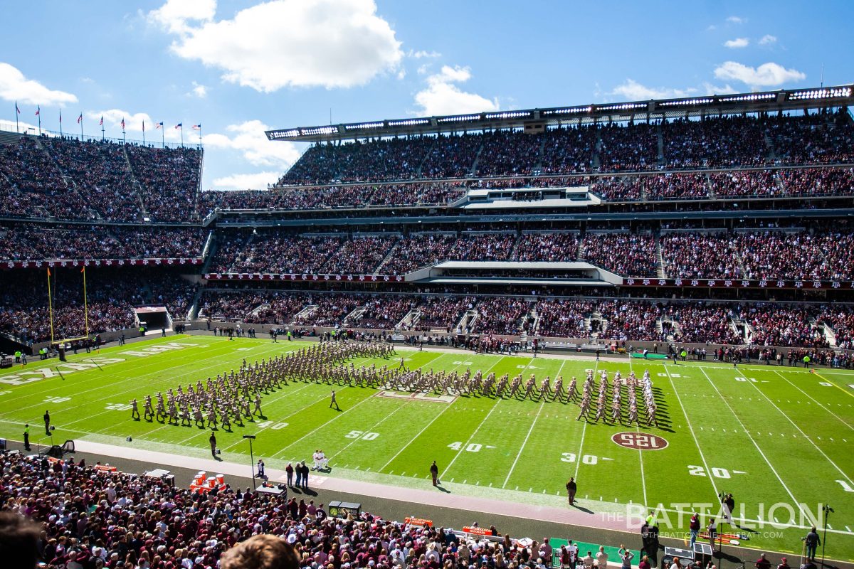 The Fightin’ Texas Aggie Band performs at every halftime show in Kyle Field, finishing each performance with the famous “Block T.”