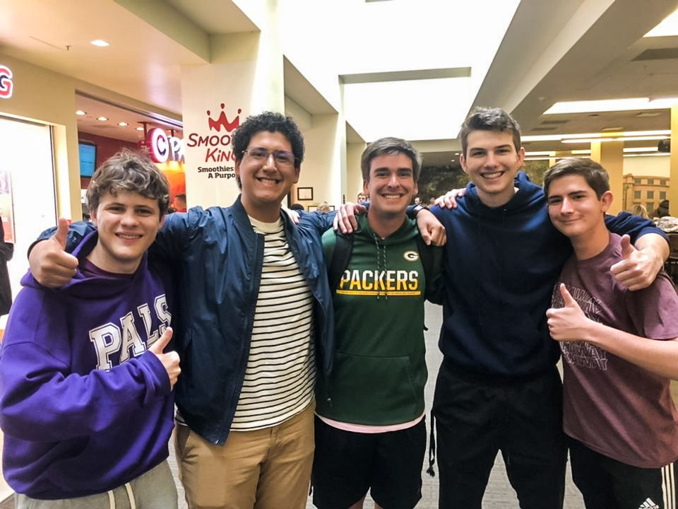 Aggie Nickwork members Nick Evans, Nicolas Godoy, Nick Zang, Nick Hutcheson and Nick Saldana meet in the Memorial Student Center basement for a social at Smoothie King.