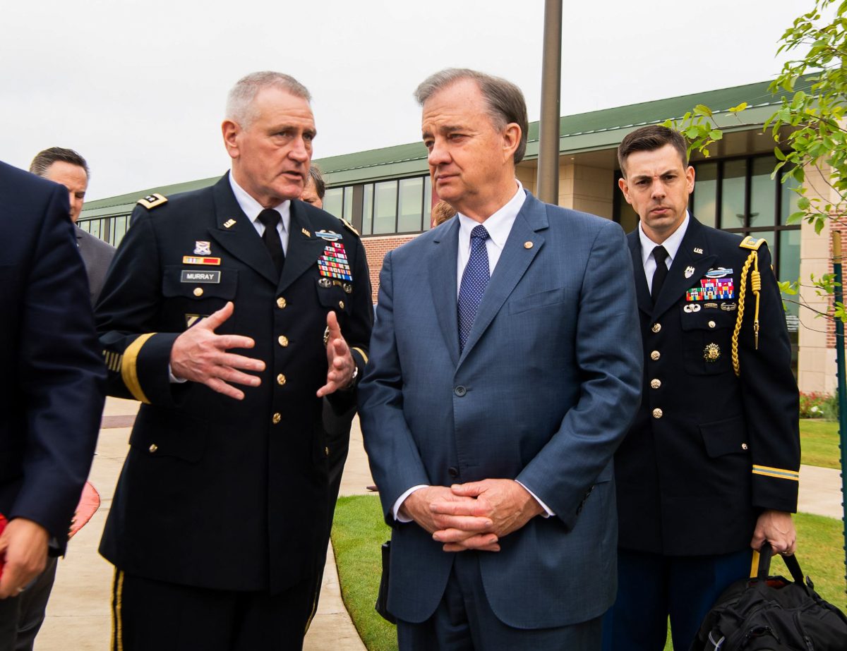Army Futures Command Gen. Mike Murray visits with Chancellor John Sharp at the RELLIS Campus in 2018.