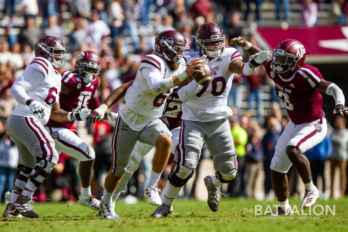 Mississippi State quarterback Garrett Shrader was sacked twice by the Aggie defense.