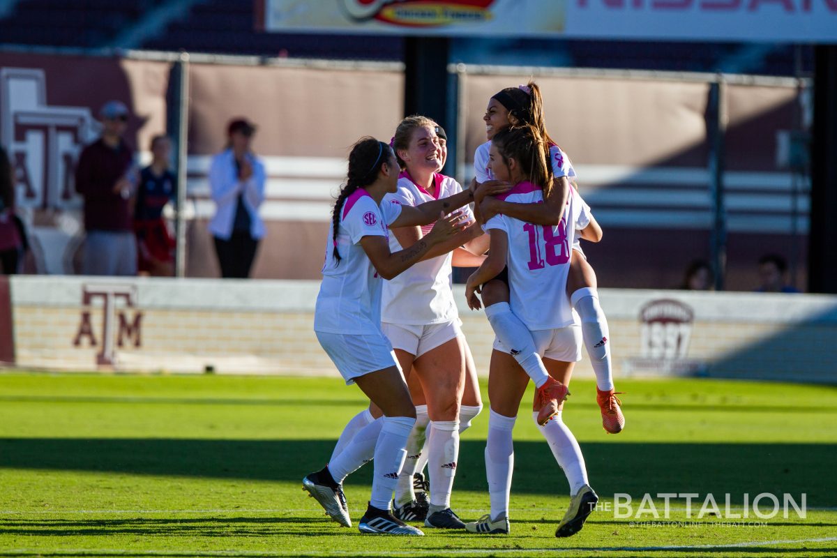 Senior forward Ally Watt celebrates her third goal in the match against Missouri, the second hat trick of her career.