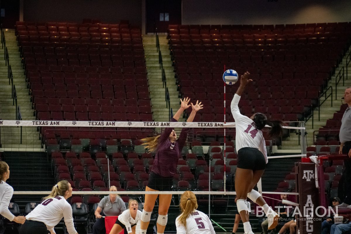 Freshman&#160;Treyaunna Rush&#160;spikes the ball over the net. The freshman had nine kills over the course of the game.