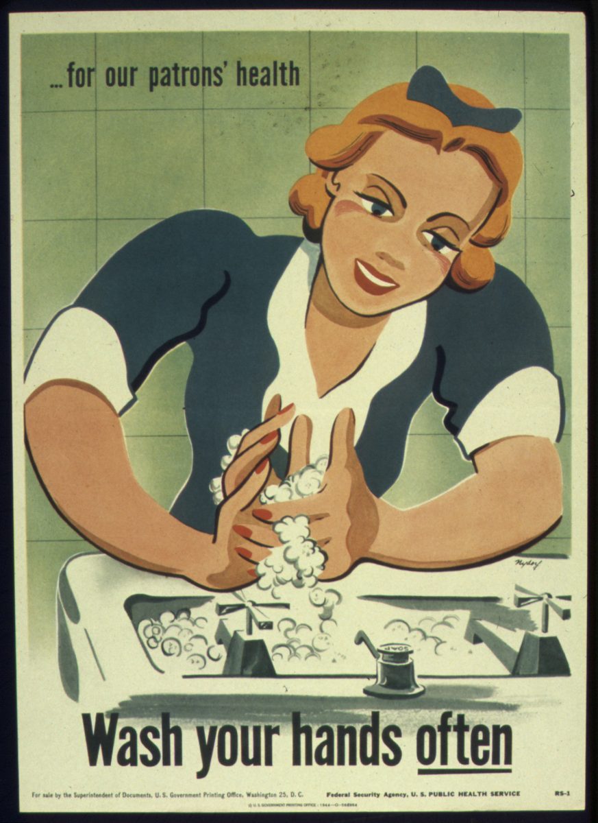 1944 poster from the United States Public Health Service reminds employees to wash their hands.