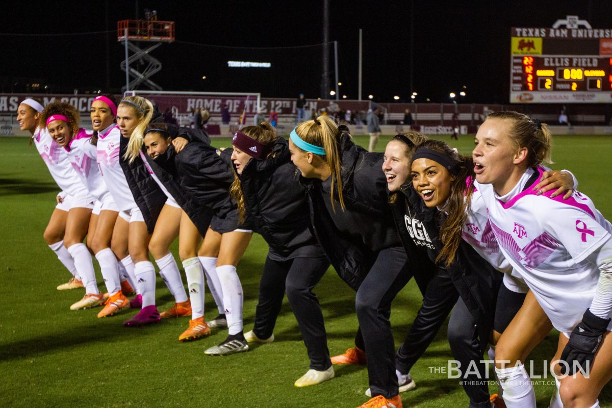 The Aggie Soccer team sways during The Aggie War Hymn after defeating Ole Miss 2-1.