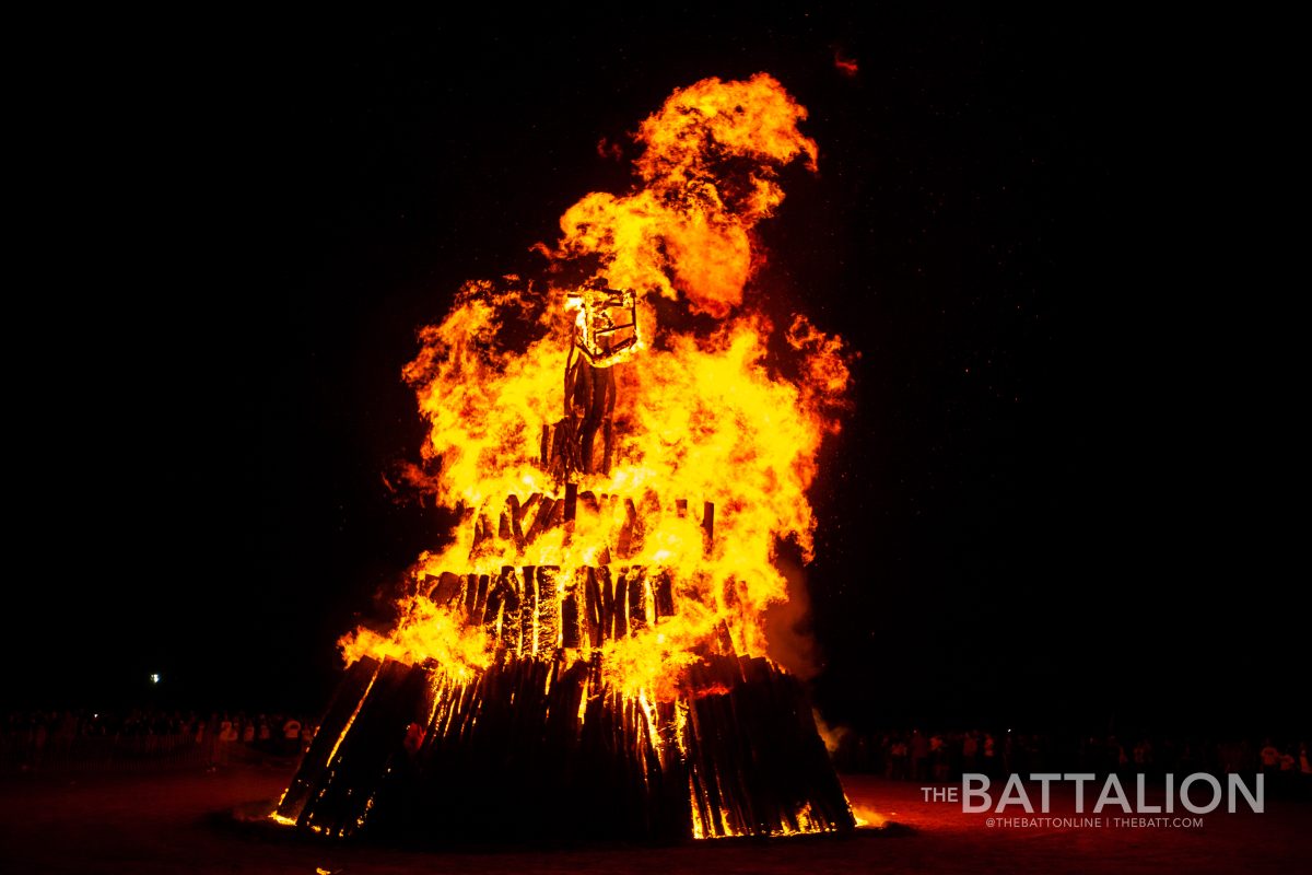 After A&M moved to the SEC in 2012, the ‘t.u. frathouse’ placed at the top of the Bonfire was changed to an ‘LSU Tiger litter box.’