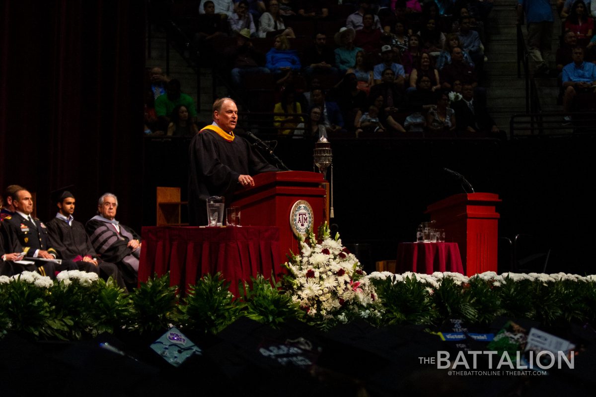 Porter S. Garner III, president and CEO of The Association of Former Students, addresses graduates at a Texas A&M commencement ceremony in May of 2018.