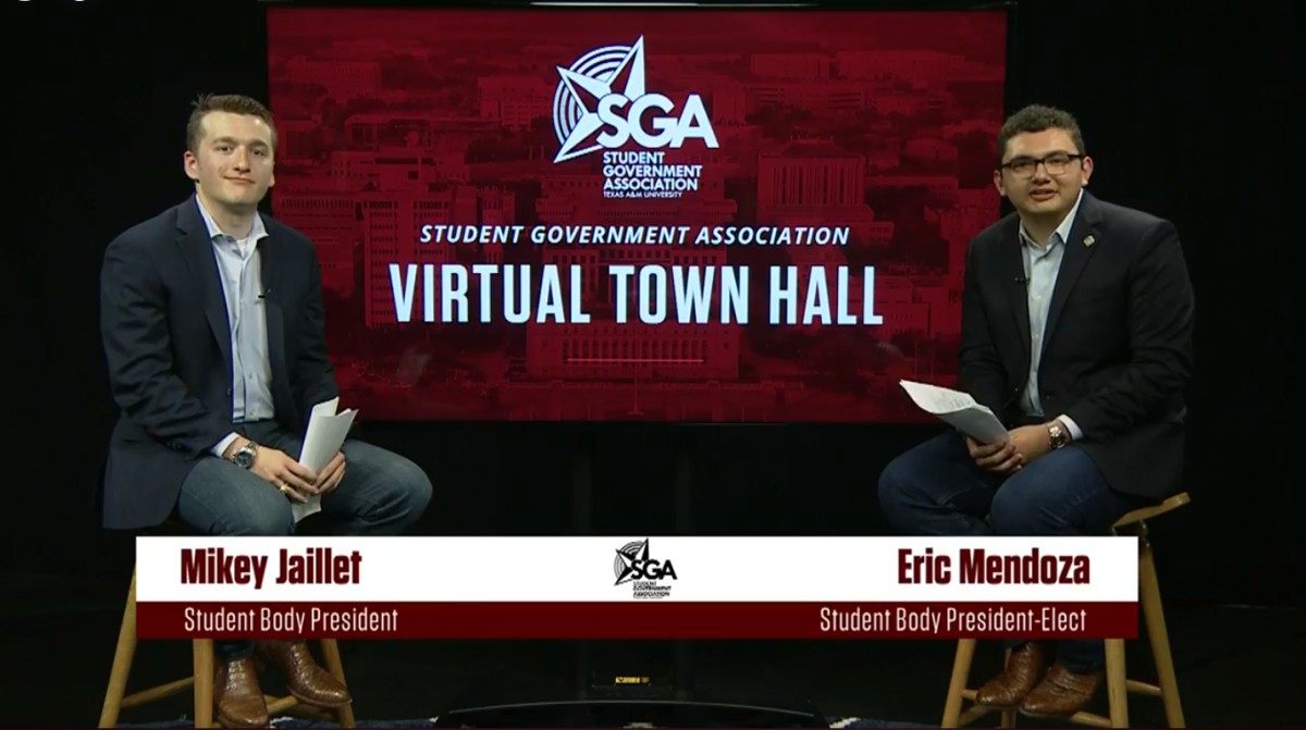 The Texas A&M Student Government Association hosted a virtual town hall with university leadership to discuss response to the outbreak. Student Body President Mikey Jaillet and Student Body President-Elect Eric Mendoza hosted the town hall.