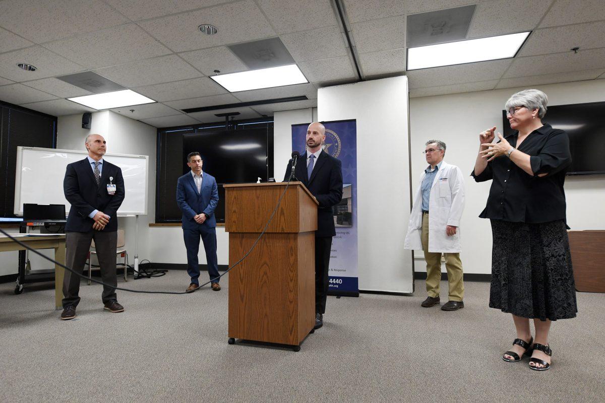 Dr. Seth Sullivan, Brazos County Alternate Health Authority, speaks at a press conference on Monday, March 30 at the Brazos County Health Department.