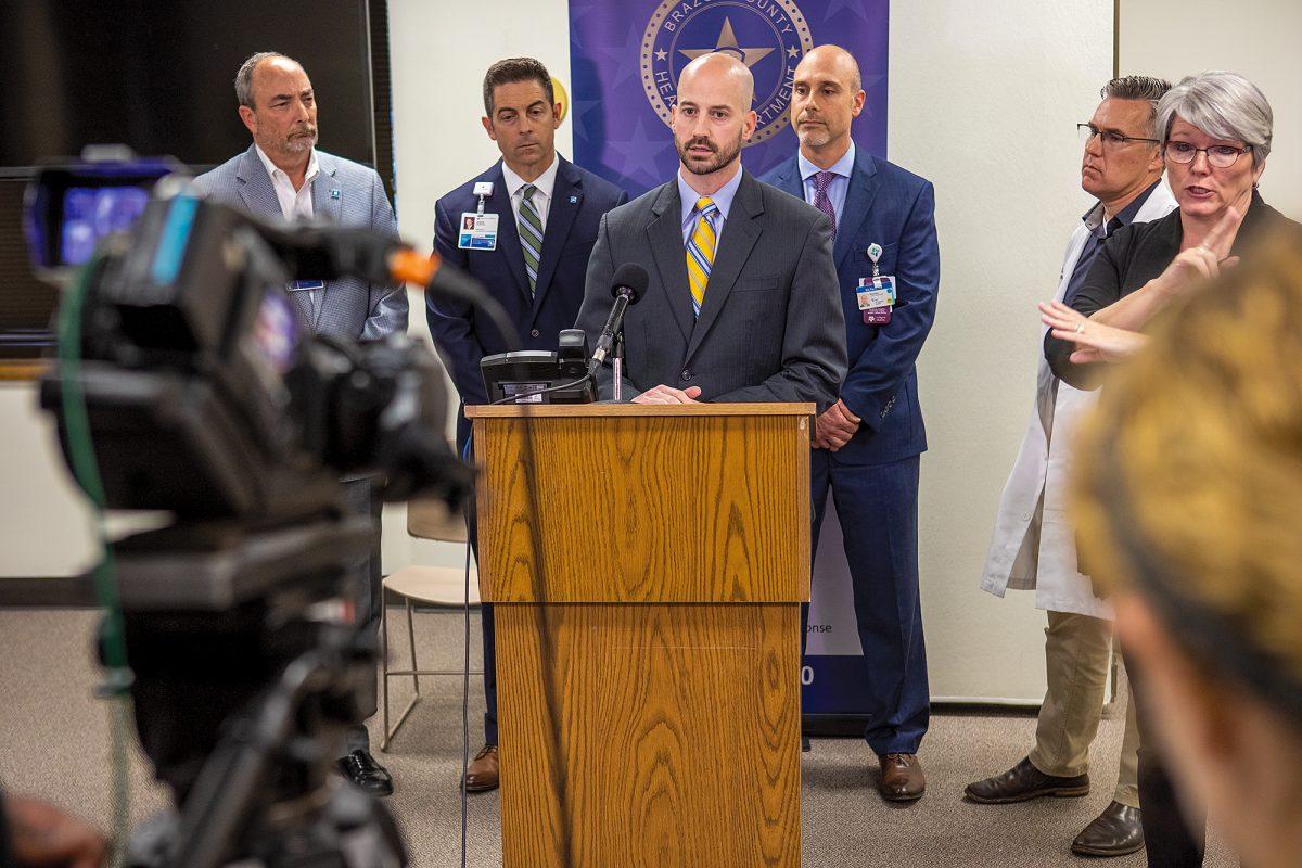 Brazos County Alternate Health Authority Dr. Seth Sullivan speaks about COVID-19 at the Thursday, March 19, 2020 press conference.