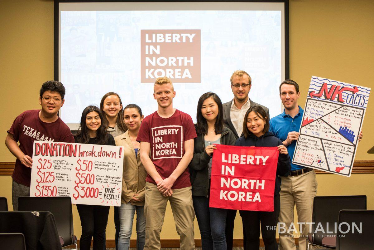 Members of the Texas A&M chapter of Liberty in North Korea raise funds to help rescue North Korean refugees.