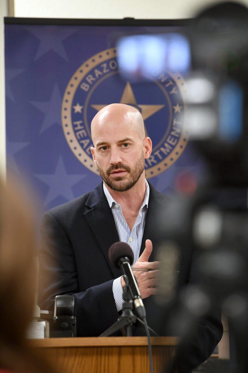 Brazos County Alternate Health Authority Dr. Seth Sullivan responds to questions during a press conference Monday, April 20, 2020.