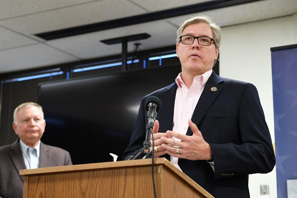 Bryan Mayor Andrew Nelson addresses the local economic impact of the COVID-19 pandemic while speaking at a press conference Monday, April 13, 2020.
