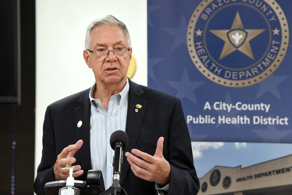 College Station Mayor Karl Mooney speaks Monday, April 20, 2020, during a press conference at the Brazos County Health District.