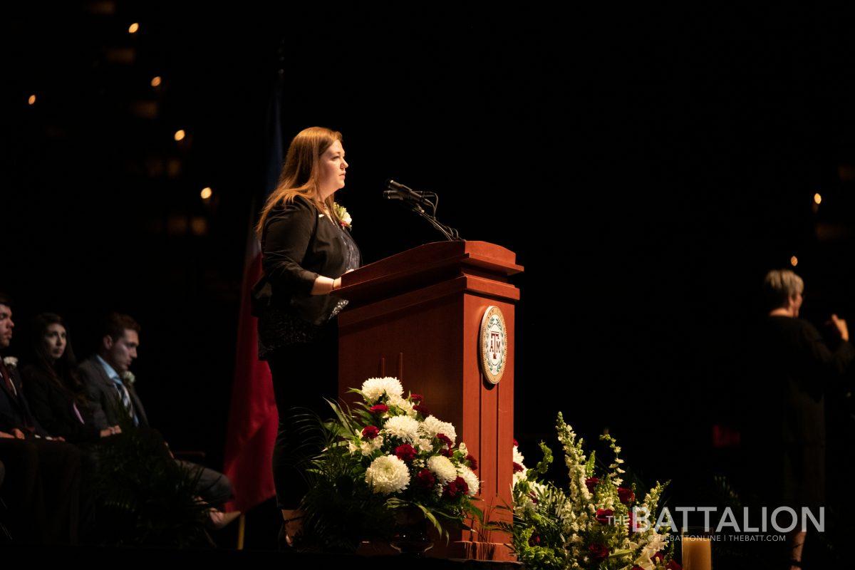 Senior Kaley Markos reads In Memoriam at the Campus Muster ceremony at Reed Arena on April 22, 2019. Markos is the Muster Committee chair for the 2020 Muster.