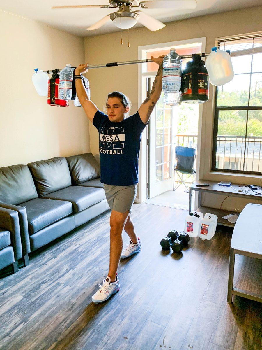 From household items like milk jugs to setting workout routines with a deck of cards, Noah Mendoza demonstrates how he is staying fit at home without gym equipment.