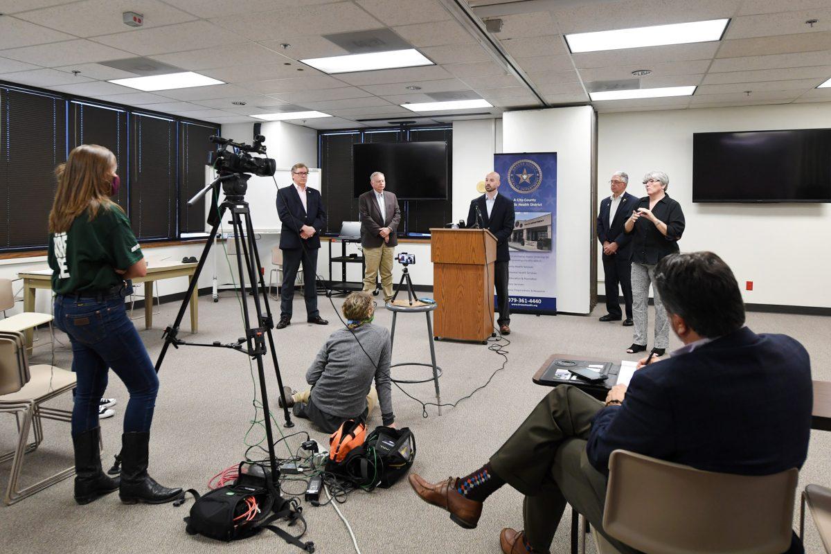 A press conference takes place Monday, April 13, 2020, at the Brazos County Health District to provide an update on COVID-19.