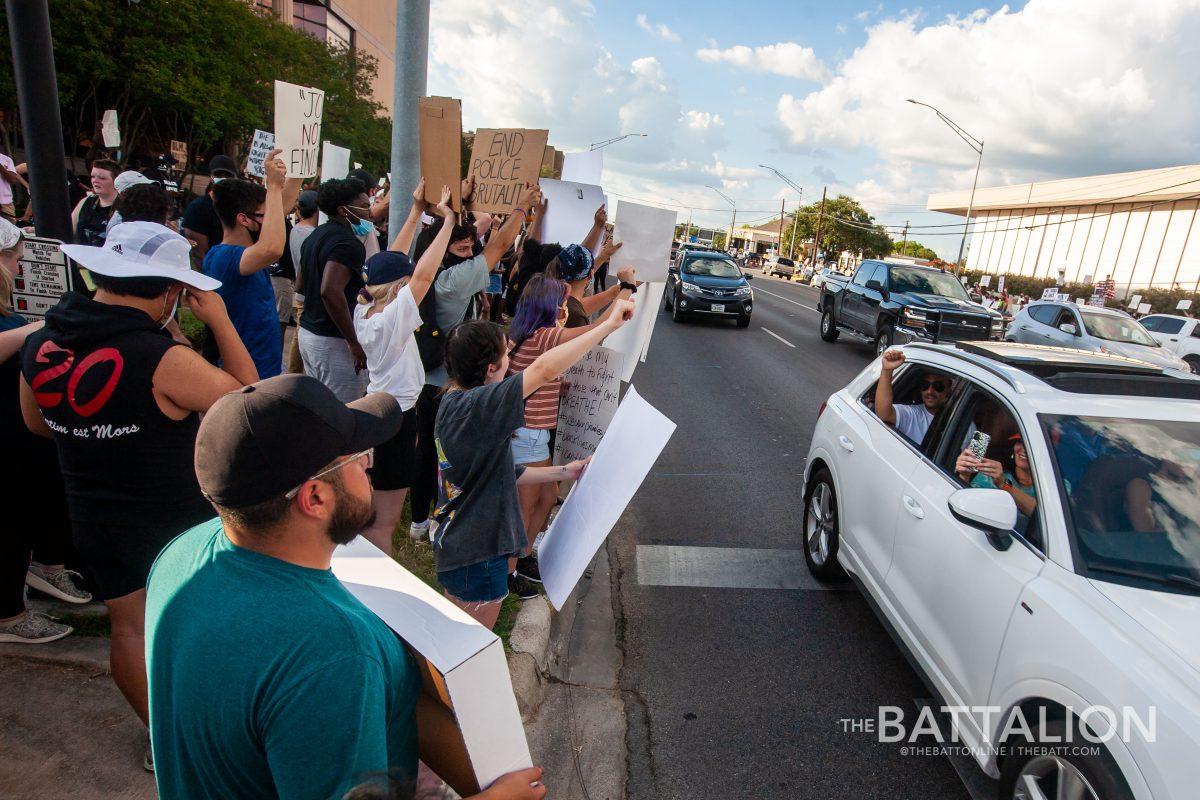 Hundreds of people gathered along Texas Ave. from 29th Street to William J Bryan Pkwy for a second Sunday protest organized by Black Lives Matters B-CS.