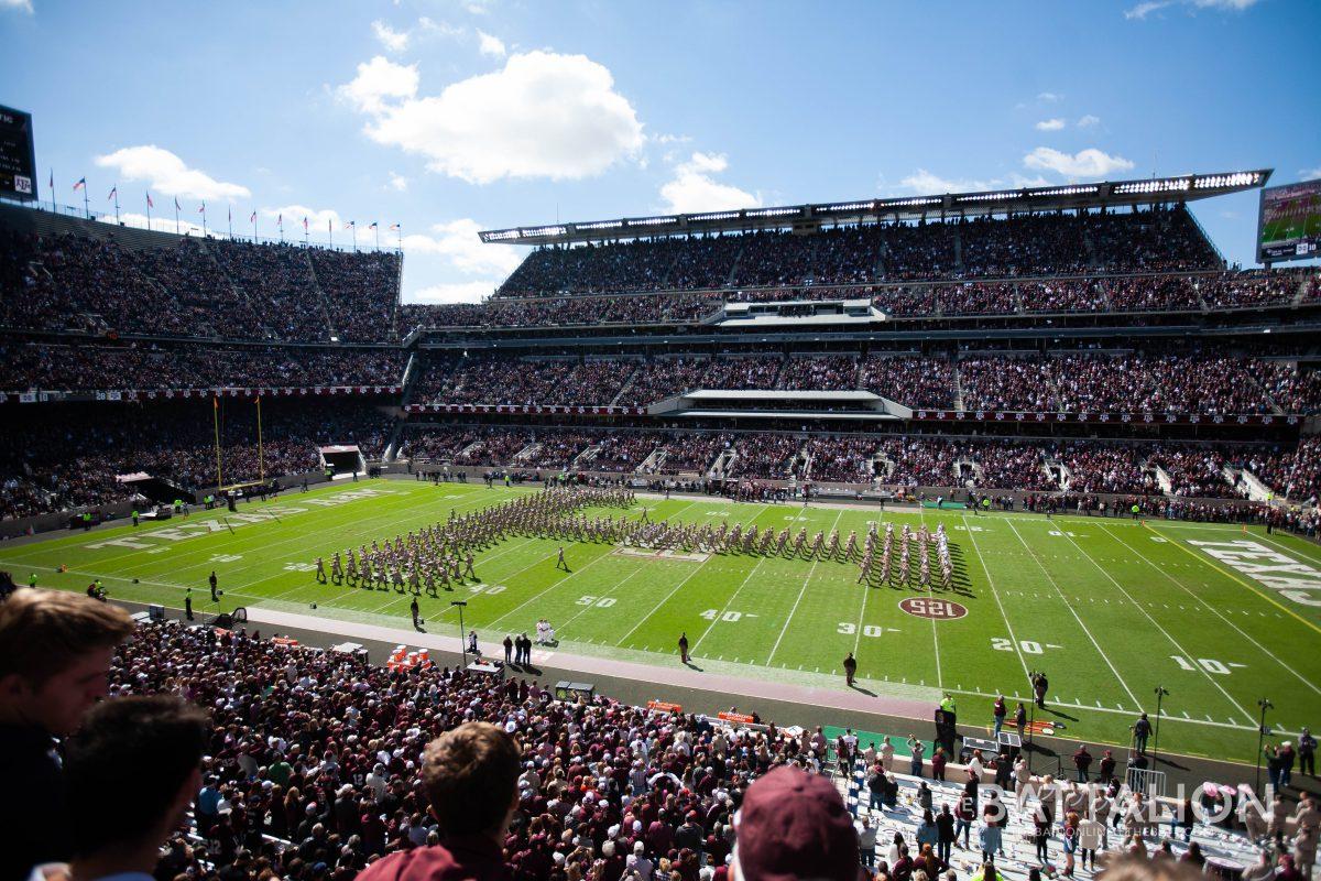 The Aggie Band finishes every performance with their signature T-block formation.