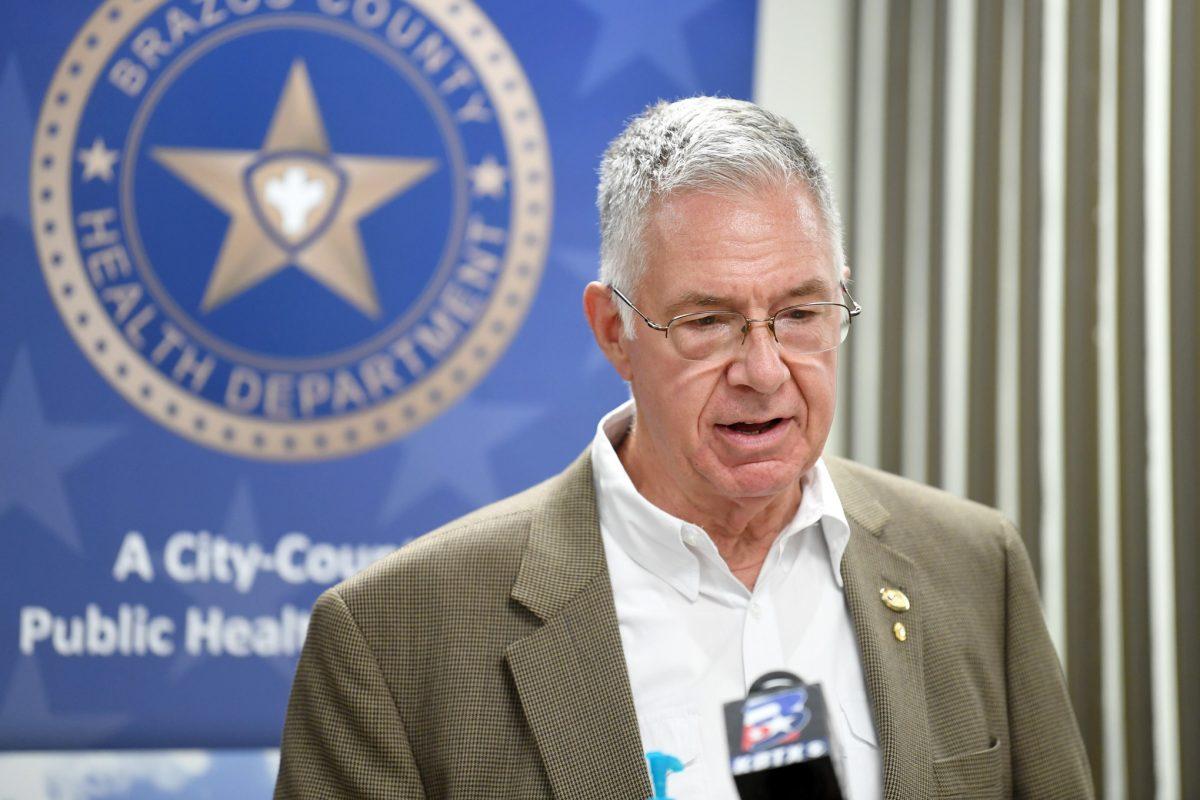 College Station Mayor Karl Mooney responds to a question about enforcement of the emergency order requiring face masks in businesses while speaking Monday, July 6, 2020.