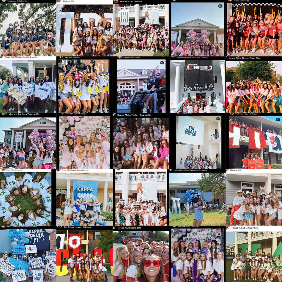 All Instagram photos in this collage were posted any time from Aug. 16 to Aug. 19. These posts depict instances where multiple members of various Texas A&M sororities violated COVID-19 guidelines.